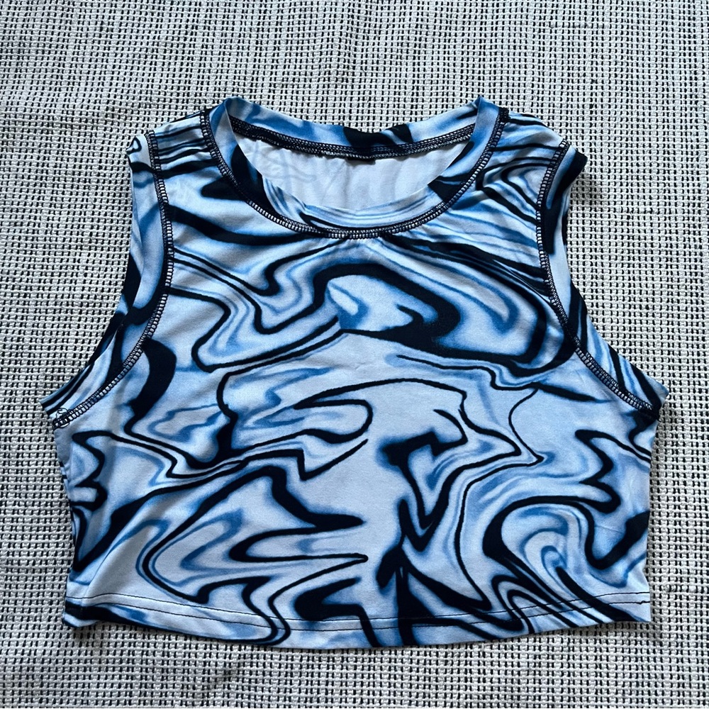 Blue Marble Pattern Sleeveless Cropped Top